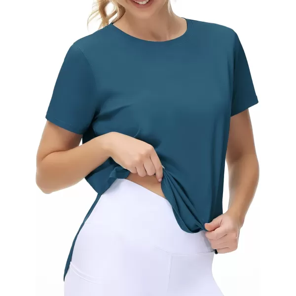 THE GYM PEOPLE Womens Workout TShirts Loose Fit Short Sleeve Cotton Running Basic Tee Tops with Split HemDark Blue Green