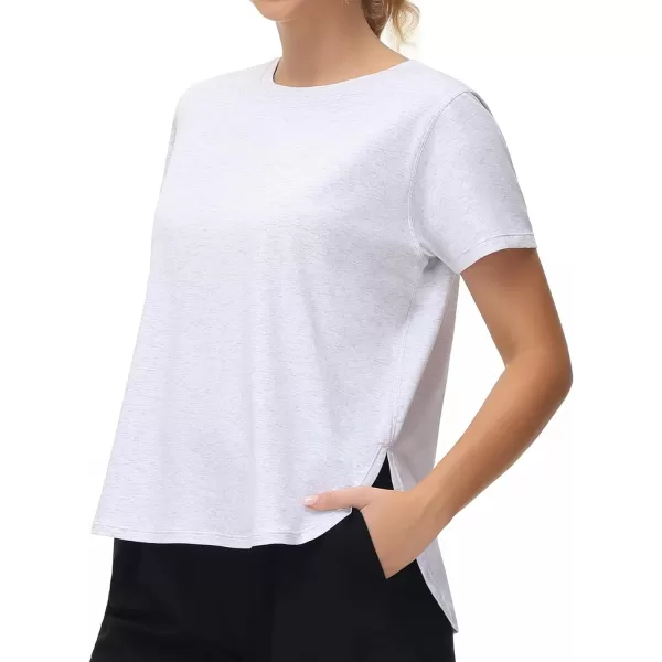THE GYM PEOPLE Womens Workout TShirts Loose Fit Short Sleeve Cotton Running Basic Tee Tops with Split HemHeather White