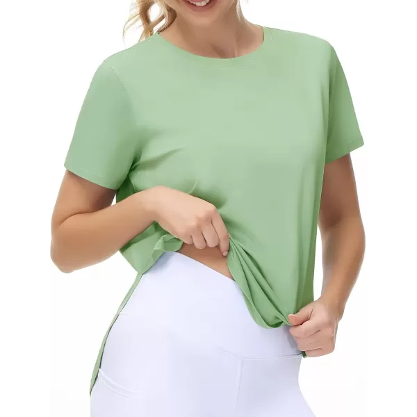 THE GYM PEOPLE Womens Workout TShirts Loose Fit Short Sleeve Cotton Running Basic Tee Tops with Split HemJasmine Green