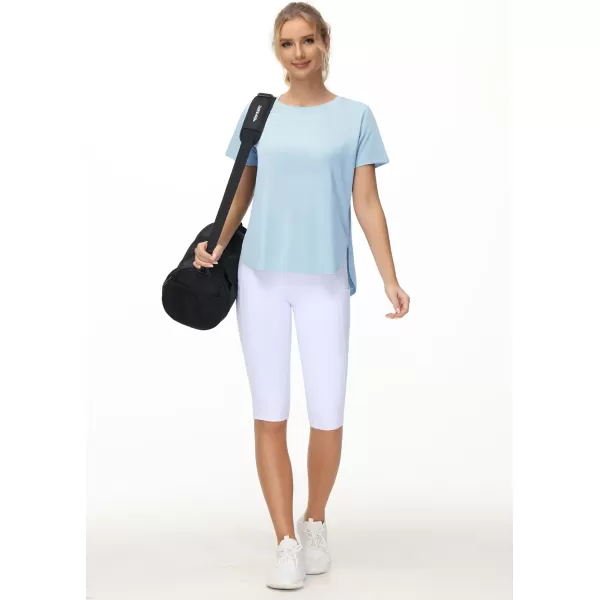 THE GYM PEOPLE Womens Workout TShirts Loose Fit Short Sleeve Cotton Running Basic Tee Tops with Split HemLight Blue