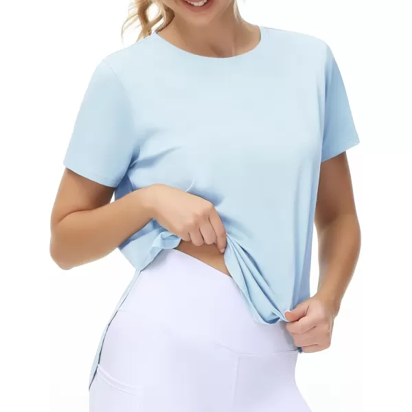 THE GYM PEOPLE Womens Workout TShirts Loose Fit Short Sleeve Cotton Running Basic Tee Tops with Split HemLight Blue