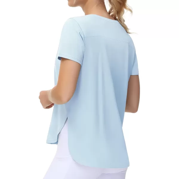 THE GYM PEOPLE Womens Workout TShirts Loose Fit Short Sleeve Cotton Running Basic Tee Tops with Split HemLight Blue