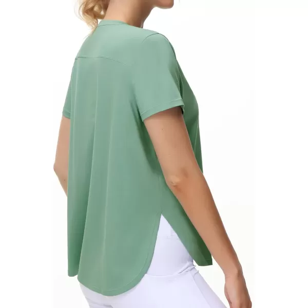 THE GYM PEOPLE Womens Workout TShirts Loose Fit Short Sleeve Cotton Running Basic Tee Tops with Split HemLight Green