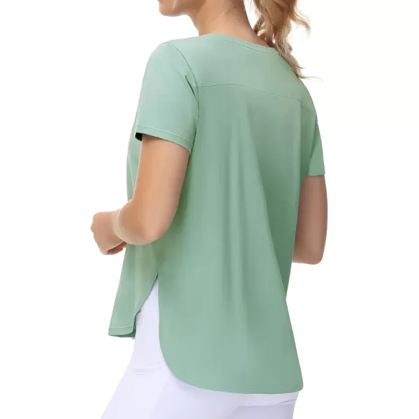 THE GYM PEOPLE Womens Workout TShirts Loose Fit Short Sleeve Cotton Running Basic Tee Tops with Split HemLight Green