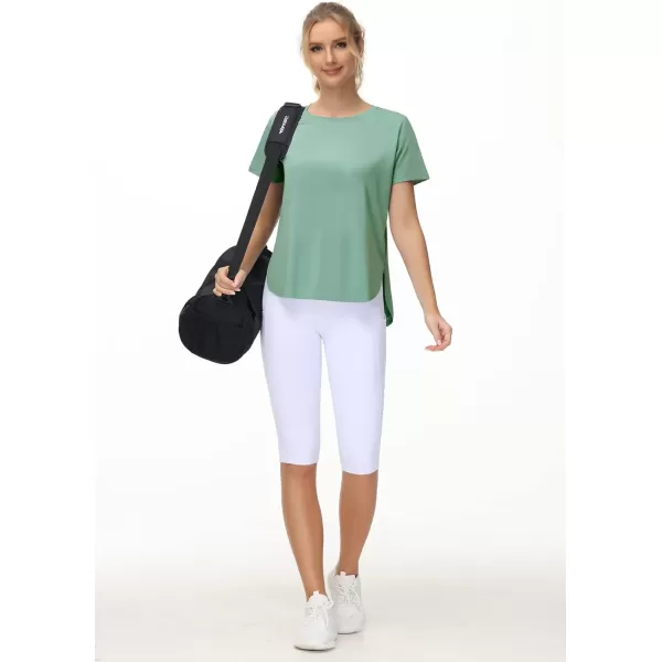 THE GYM PEOPLE Womens Workout TShirts Loose Fit Short Sleeve Cotton Running Basic Tee Tops with Split HemLight Green