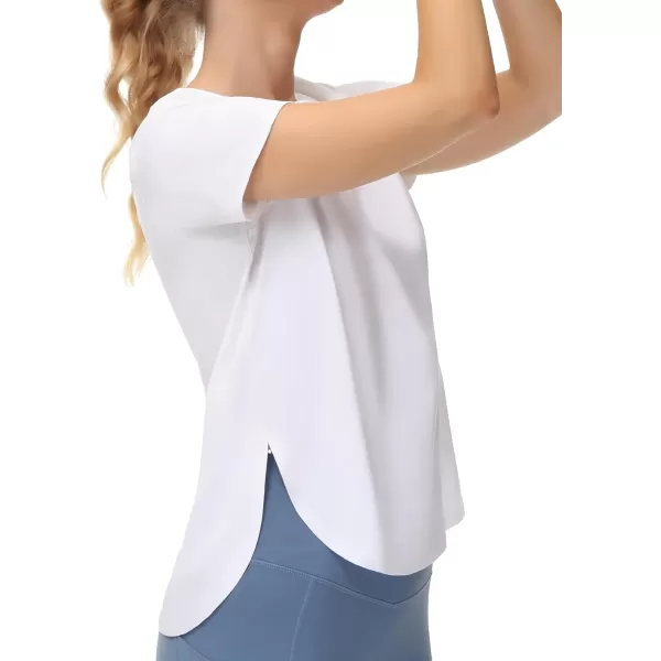 THE GYM PEOPLE Womens Workout TShirts Loose Fit Short Sleeve Cotton Running Basic Tee Tops with Split HemWhite