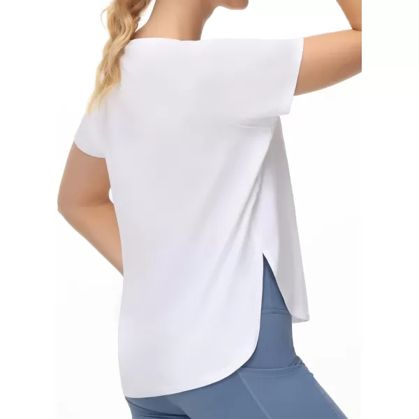 THE GYM PEOPLE Womens Workout TShirts Loose Fit Short Sleeve Cotton Running Basic Tee Tops with Split HemWhite