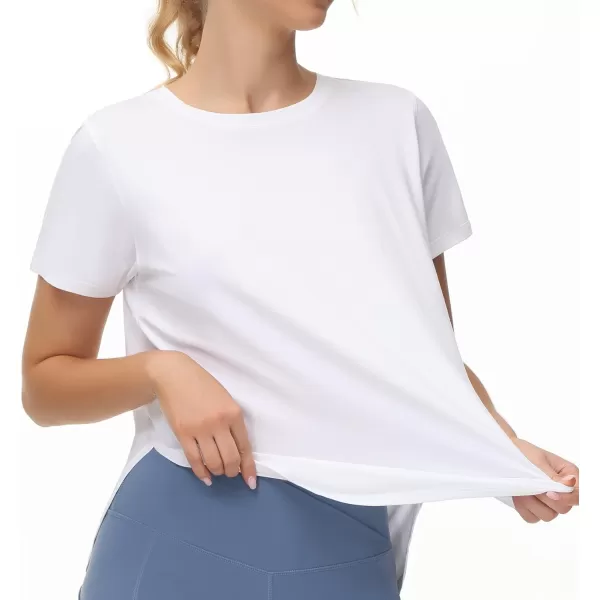 THE GYM PEOPLE Womens Workout TShirts Loose Fit Short Sleeve Cotton Running Basic Tee Tops with Split HemWhite