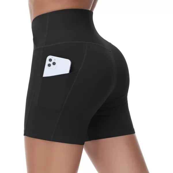 Womens Cross Waist Workout ShortsnbspTummy Control Spandex Athletic Biker Shorts with Deep PocketsBlack