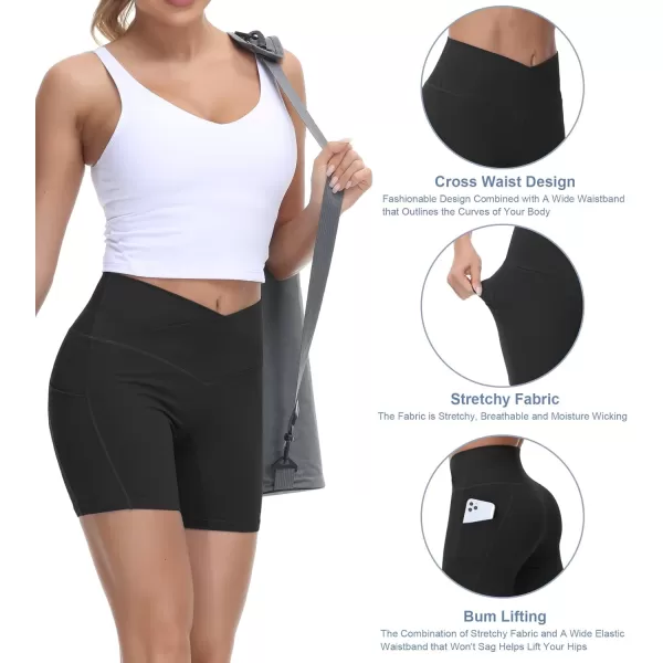 Womens Cross Waist Workout ShortsnbspTummy Control Spandex Athletic Biker Shorts with Deep PocketsBlack