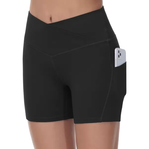 Womens Cross Waist Workout ShortsnbspTummy Control Spandex Athletic Biker Shorts with Deep PocketsBlack