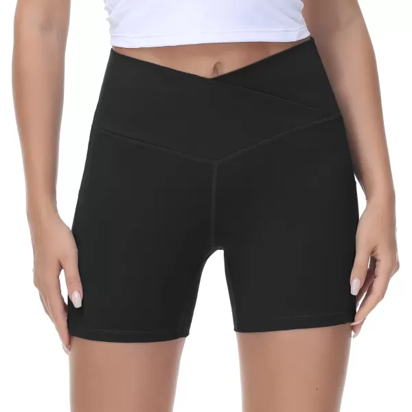 Womens Cross Waist Workout ShortsnbspTummy Control Spandex Athletic Biker Shorts with Deep PocketsBlack