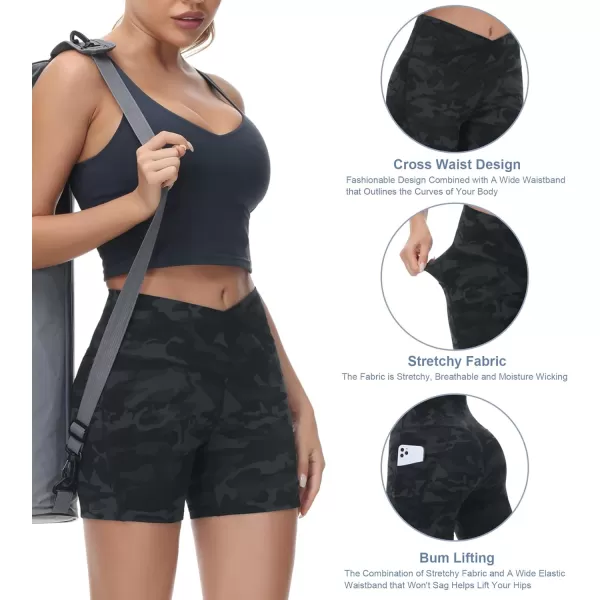 Womens Cross Waist Workout ShortsnbspTummy Control Spandex Athletic Biker Shorts with Deep PocketsBlack Camo