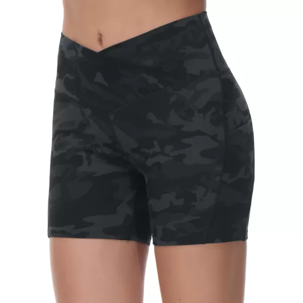 Womens Cross Waist Workout ShortsnbspTummy Control Spandex Athletic Biker Shorts with Deep PocketsBlack Camo