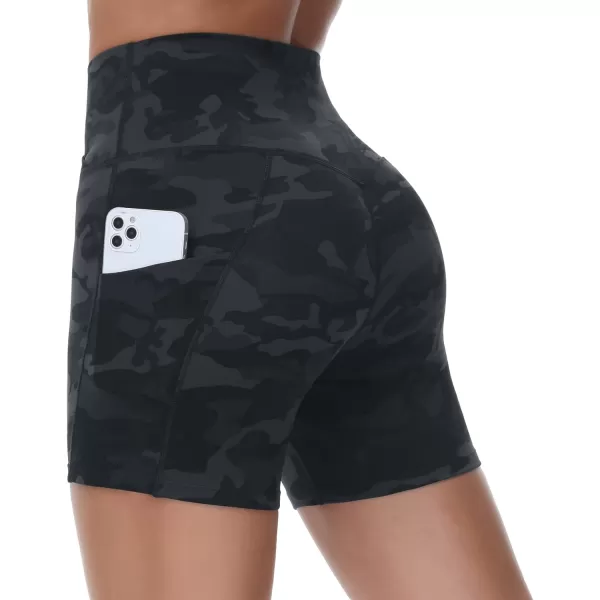 Womens Cross Waist Workout ShortsnbspTummy Control Spandex Athletic Biker Shorts with Deep PocketsBlack Camo