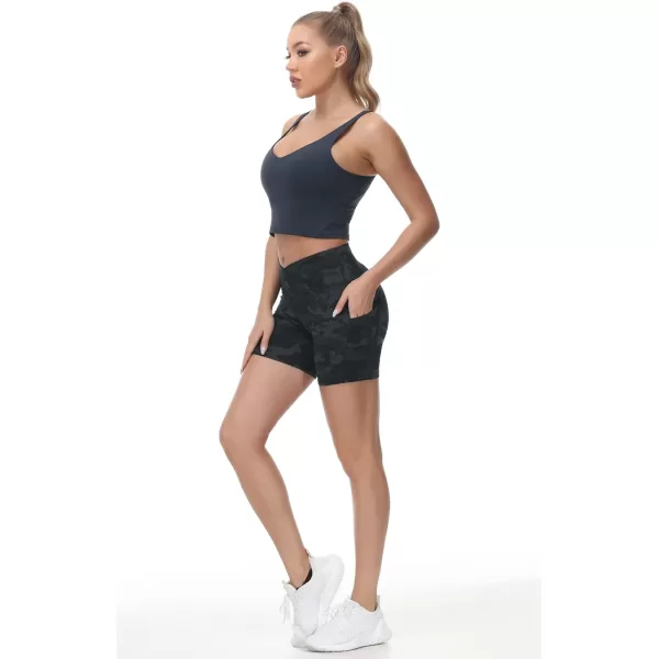 Womens Cross Waist Workout ShortsnbspTummy Control Spandex Athletic Biker Shorts with Deep PocketsBlack Camo