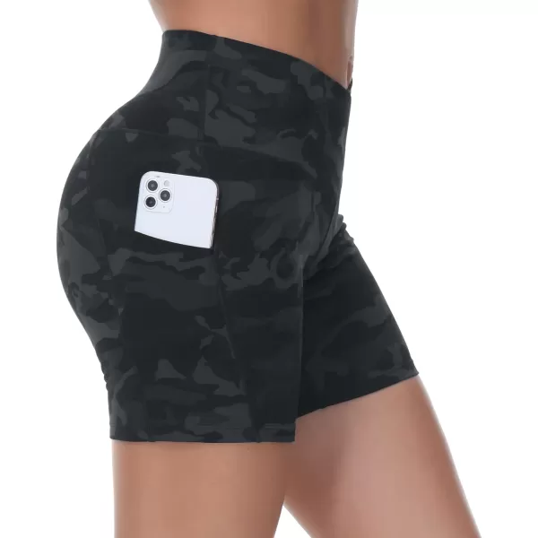 Womens Cross Waist Workout ShortsnbspTummy Control Spandex Athletic Biker Shorts with Deep PocketsBlack Camo