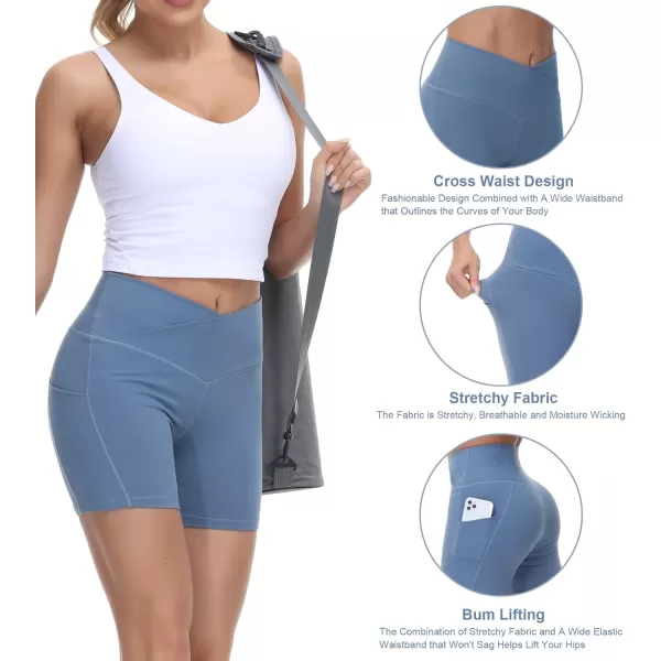 Womens Cross Waist Workout ShortsnbspTummy Control Spandex Athletic Biker Shorts with Deep PocketsGrey Blue