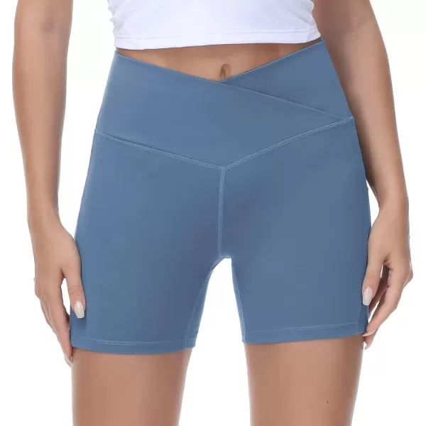 Womens Cross Waist Workout ShortsnbspTummy Control Spandex Athletic Biker Shorts with Deep PocketsGrey Blue