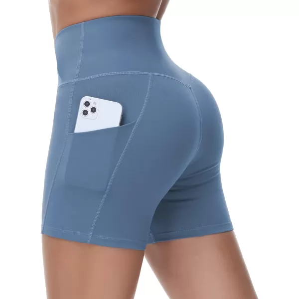 Womens Cross Waist Workout ShortsnbspTummy Control Spandex Athletic Biker Shorts with Deep PocketsGrey Blue