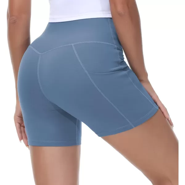 Womens Cross Waist Workout ShortsnbspTummy Control Spandex Athletic Biker Shorts with Deep PocketsGrey Blue