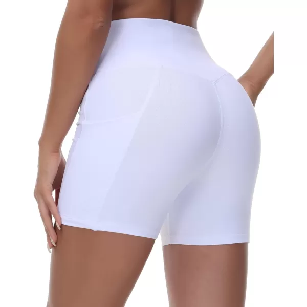 Womens Cross Waist Workout ShortsnbspTummy Control Spandex Athletic Biker Shorts with Deep PocketsWhite