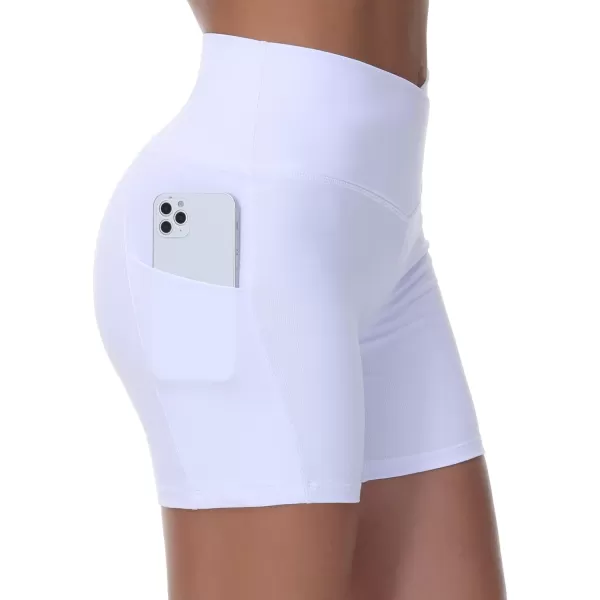 Womens Cross Waist Workout ShortsnbspTummy Control Spandex Athletic Biker Shorts with Deep PocketsWhite