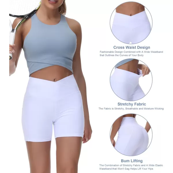 Womens Cross Waist Workout ShortsnbspTummy Control Spandex Athletic Biker Shorts with Deep PocketsWhite