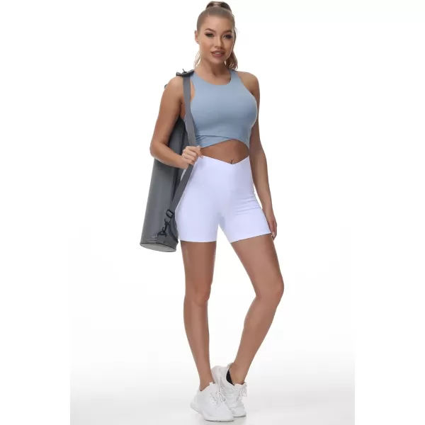 Womens Cross Waist Workout ShortsnbspTummy Control Spandex Athletic Biker Shorts with Deep PocketsWhite