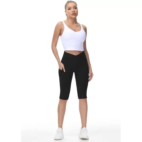 Womens Knee Length Workout Capris Leggings Cross Waisted Lounge Yoga Pants with PocketsBlack