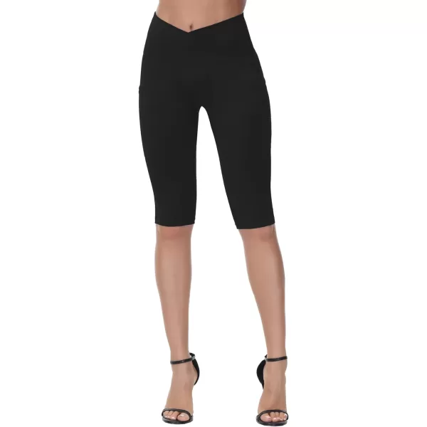 Womens Knee Length Workout Capris Leggings Cross Waisted Lounge Yoga Pants with PocketsBlack