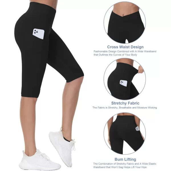 Womens Knee Length Workout Capris Leggings Cross Waisted Lounge Yoga Pants with PocketsBlack