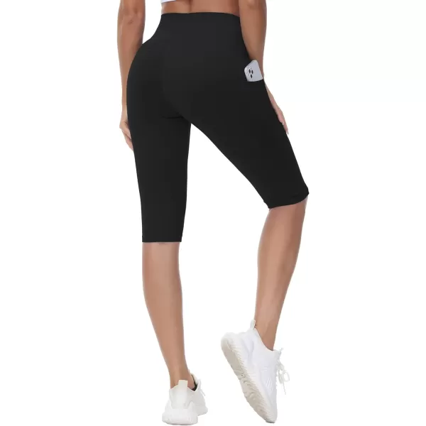 Womens Knee Length Workout Capris Leggings Cross Waisted Lounge Yoga Pants with PocketsBlack