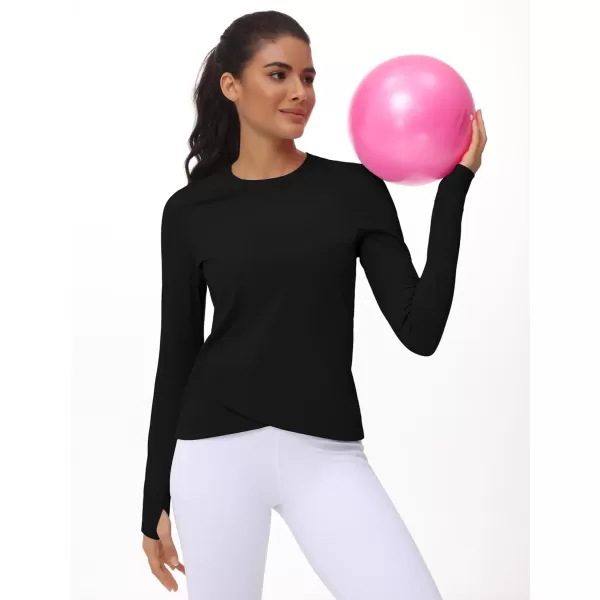 Womens Long Sleeve Compression Shirts Workout Tops Cross Hem Athletic Running Yoga TShirts with Thumb HoleBlack