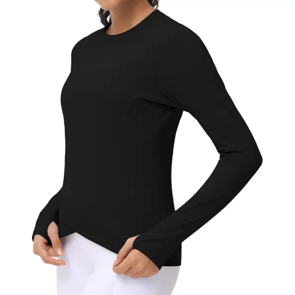 Womens Long Sleeve Compression Shirts Workout Tops Cross Hem Athletic Running Yoga TShirts with Thumb HoleBlack