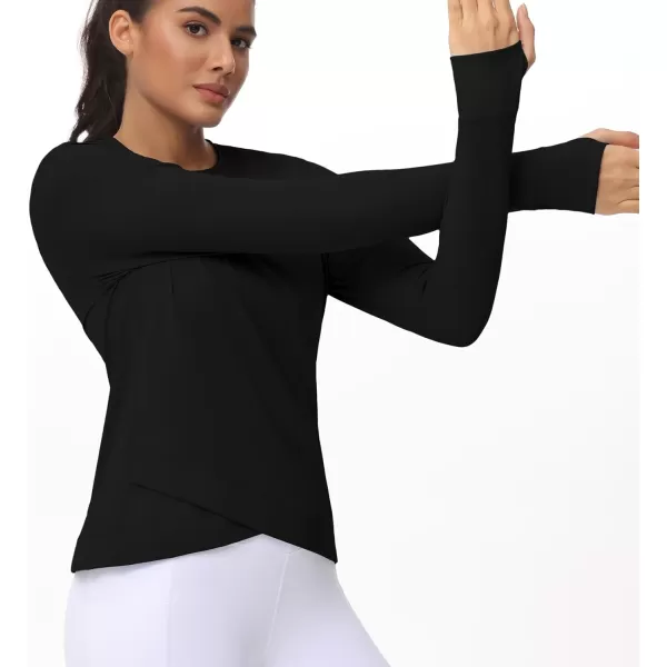 Womens Long Sleeve Compression Shirts Workout Tops Cross Hem Athletic Running Yoga TShirts with Thumb HoleBlack