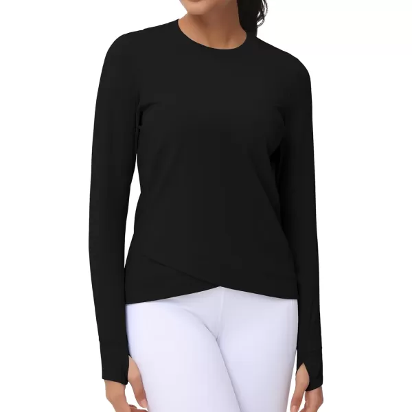 Womens Long Sleeve Compression Shirts Workout Tops Cross Hem Athletic Running Yoga TShirts with Thumb HoleBlack