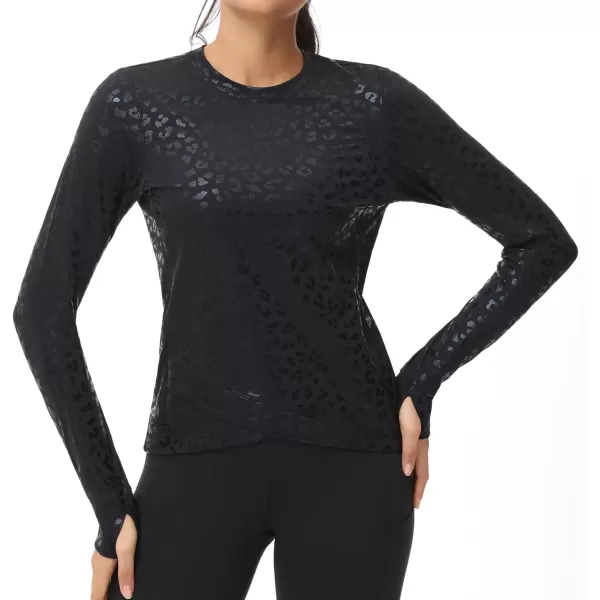 Womens Long Sleeve Compression Shirts Workout Tops Cross Hem Athletic Running Yoga TShirts with Thumb HoleBlack Leopard