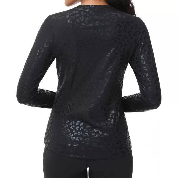 Womens Long Sleeve Compression Shirts Workout Tops Cross Hem Athletic Running Yoga TShirts with Thumb HoleBlack Leopard