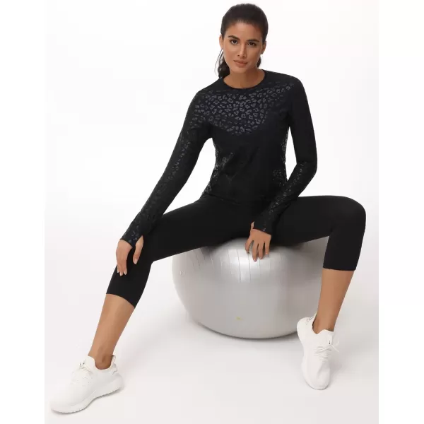 Womens Long Sleeve Compression Shirts Workout Tops Cross Hem Athletic Running Yoga TShirts with Thumb HoleBlack Leopard