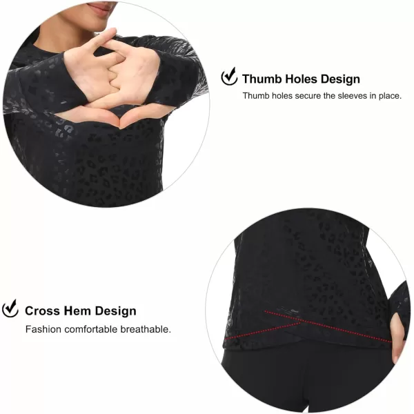 Womens Long Sleeve Compression Shirts Workout Tops Cross Hem Athletic Running Yoga TShirts with Thumb HoleBlack Leopard