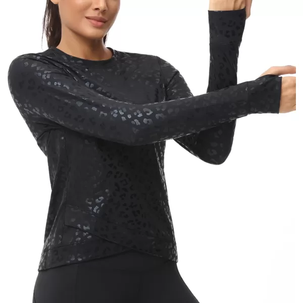 Womens Long Sleeve Compression Shirts Workout Tops Cross Hem Athletic Running Yoga TShirts with Thumb HoleBlack Leopard