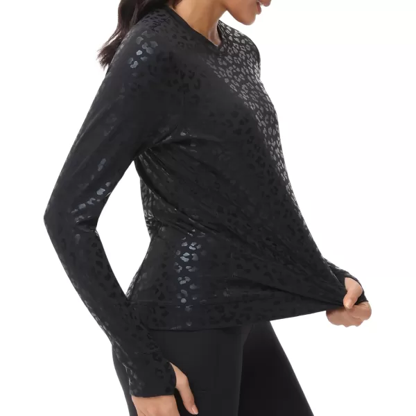 Womens Long Sleeve Compression Shirts Workout Tops Cross Hem Athletic Running Yoga TShirts with Thumb HoleBlack Leopard
