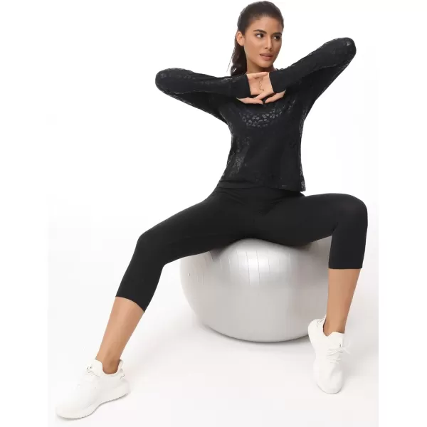 Womens Long Sleeve Compression Shirts Workout Tops Cross Hem Athletic Running Yoga TShirts with Thumb HoleBlack Leopard