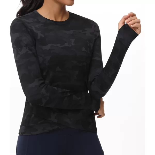 Womens Long Sleeve Compression Shirts Workout Tops Cross Hem Athletic Running Yoga TShirts with Thumb HoleBlackgrey Camo
