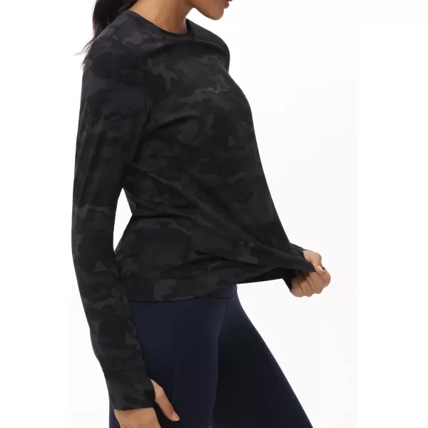 Womens Long Sleeve Compression Shirts Workout Tops Cross Hem Athletic Running Yoga TShirts with Thumb HoleBlackgrey Camo