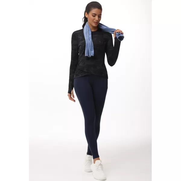 Womens Long Sleeve Compression Shirts Workout Tops Cross Hem Athletic Running Yoga TShirts with Thumb HoleBlackgrey Camo