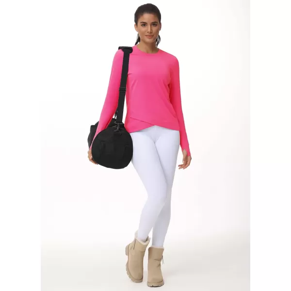 Womens Long Sleeve Compression Shirts Workout Tops Cross Hem Athletic Running Yoga TShirts with Thumb HoleBright Pink