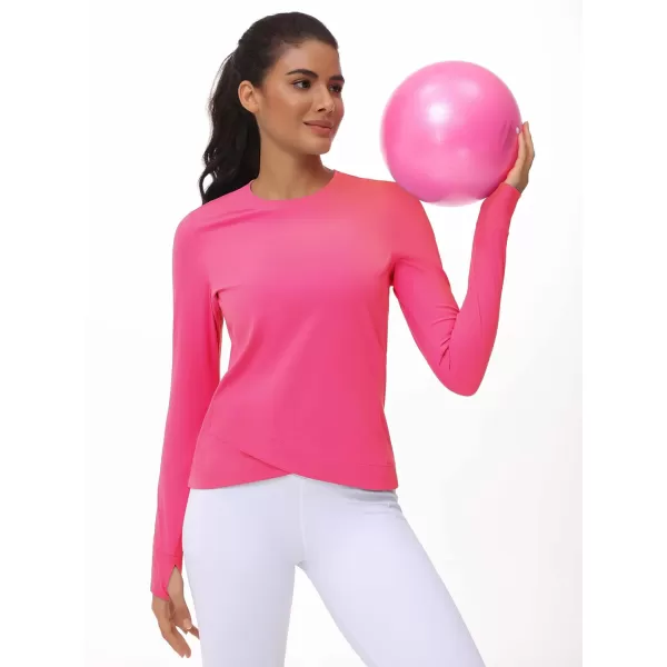 Womens Long Sleeve Compression Shirts Workout Tops Cross Hem Athletic Running Yoga TShirts with Thumb HoleBright Pink