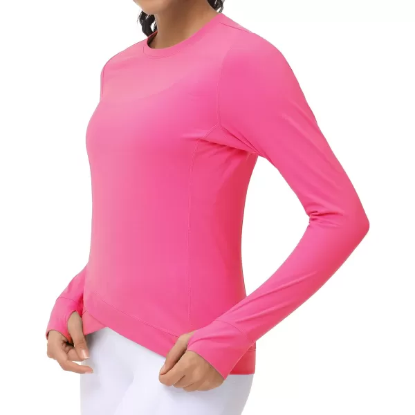 Womens Long Sleeve Compression Shirts Workout Tops Cross Hem Athletic Running Yoga TShirts with Thumb HoleBright Pink